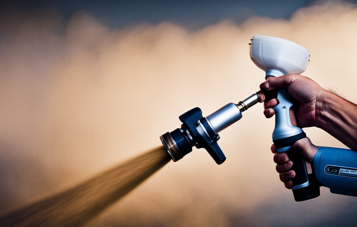 An image showcasing a skilled hand operating a Graco handheld airless paint sprayer, smoothly gliding across a wall, seamlessly spraying a fine mist of paint with precision and control