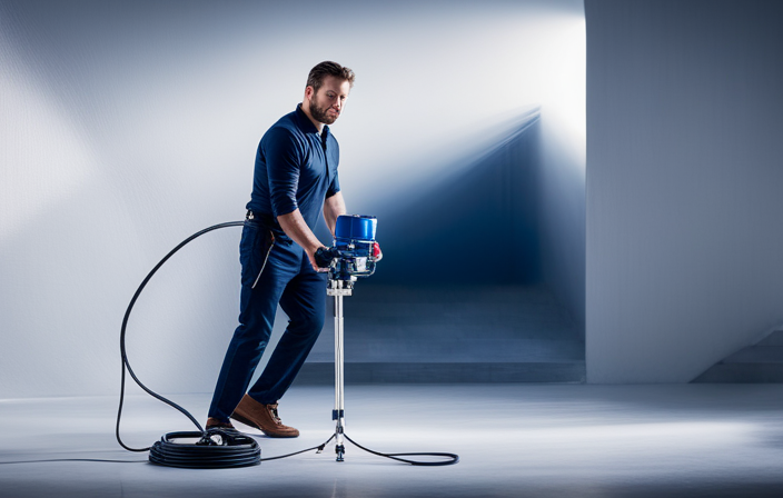 An image showcasing a skilled painter effortlessly maneuvering the Graco Magnum X5 Airless Paint Sprayer, with precise strokes and a perfectly even coat of paint covering a wall, highlighting the sprayer's efficiency and professional results