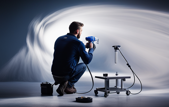 An image showcasing a skilled painter effortlessly maneuvering the Graco Magnum X5 Airless Paint Sprayer, with precise strokes and a perfectly even coat of paint covering a wall, highlighting the sprayer's efficiency and professional results