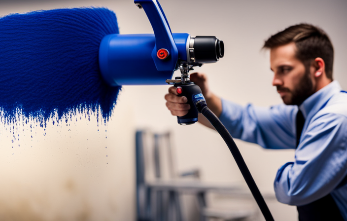 An image that showcases a skilled painter effortlessly operating the Graco Magnum X7 Airless Paint Sprayer, with precision and control, as vibrant streams of paint elegantly transform a dull wall into a stunning masterpiece