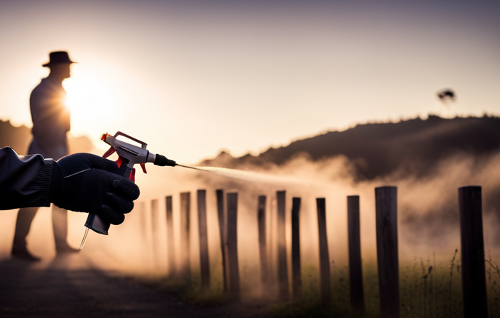 An image showcasing a hand wearing protective gloves expertly maneuvering a Krause and Becker airless paint sprayer, smoothly coating a wooden fence with a fine mist of paint, leaving a flawless finish