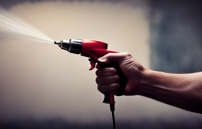 An image showcasing a hand holding an airless paint sprayer, with a close-up view of the spray tip, demonstrating proper technique and highlighting key features such as the fan pattern and adjustable pressure settings