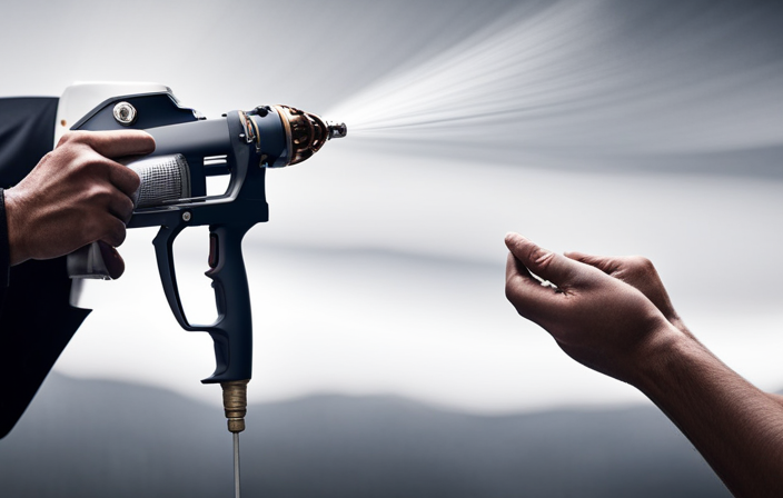 An image showcasing a pair of skilled hands expertly maneuvering the Prox17 Airless Paint Sprayer, effortlessly covering a wall with a smooth, even coat of paint, capturing the precision and ease of use