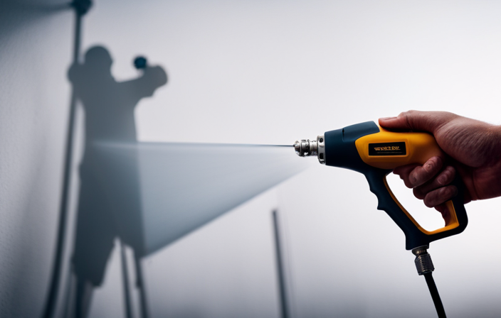 An image showcasing a hand gripping the ergonomic handle of a Wagner Paint Crew Airless Paint Sprayer, effortlessly painting a smooth, even coat on a wall, with fine mist of paint particles gracefully dispersing in the air