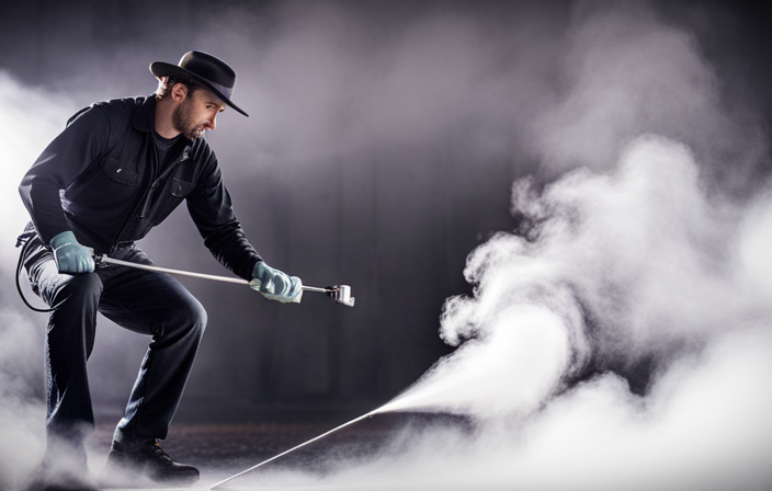 Create an image showcasing the Idaho Painter demonstrating the precise technique of using an airless paint sprayer