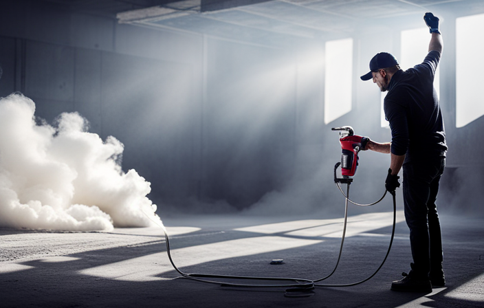 An image showcasing a step-by-step guide on using the Magnum X7 Airless Paint Sprayer: a hand holding the sprayer, paint being sprayed onto a surface, and the finished, evenly coated wall
