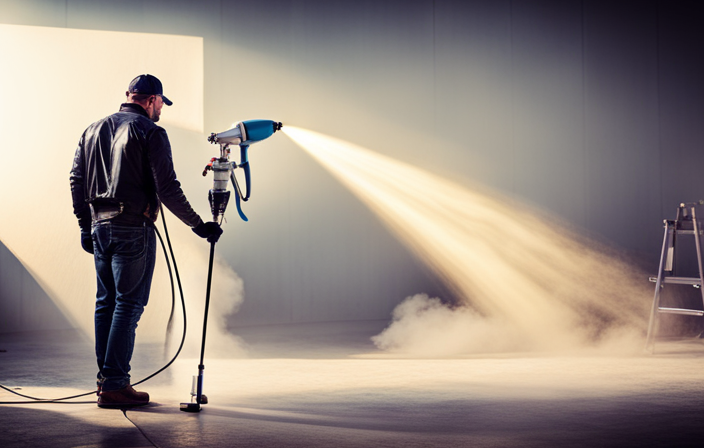 An image showcasing an airless paint sprayer in action, expertly applying smooth and even coats of latex paint on a textured wall