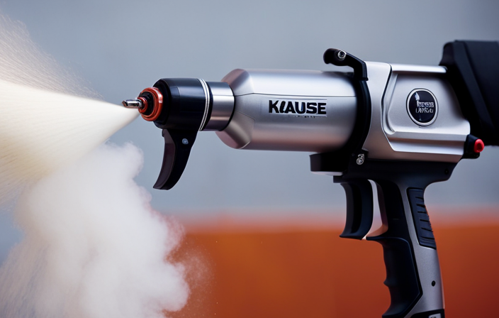 An image capturing the Krause and Becker airless paint sprayer in action, highlighting a variety of spray tips from different brands, showcasing their unique shapes, sizes, and color-coded labels