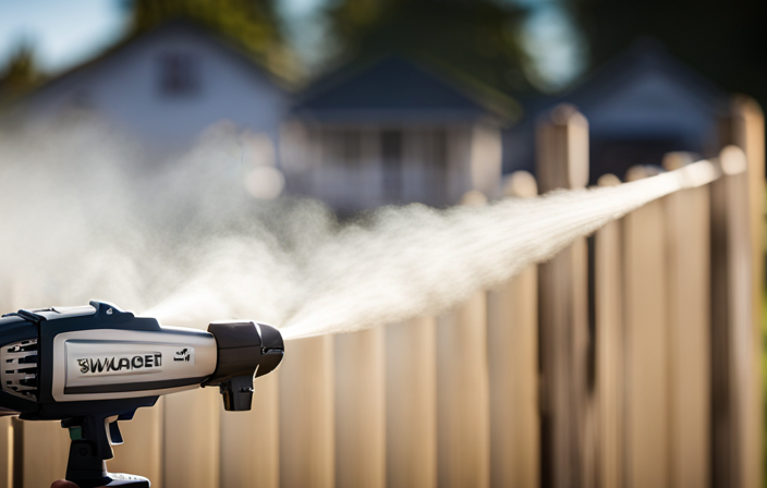 An image capturing the effortless precision of a Wagner Airless Sprayer in action, as it flawlessly coats a wooden fence with a smooth and even layer of paint, reflecting the sunlight and accentuating its natural grain