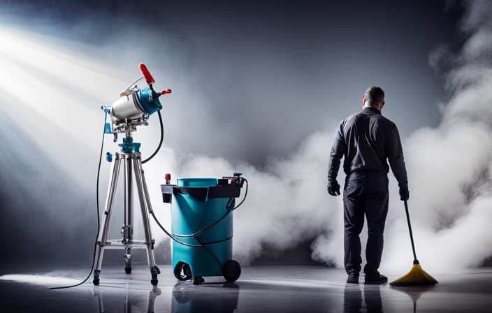 An image showcasing an airless paint sprayer being meticulously cleaned with a specialized cleaning solution