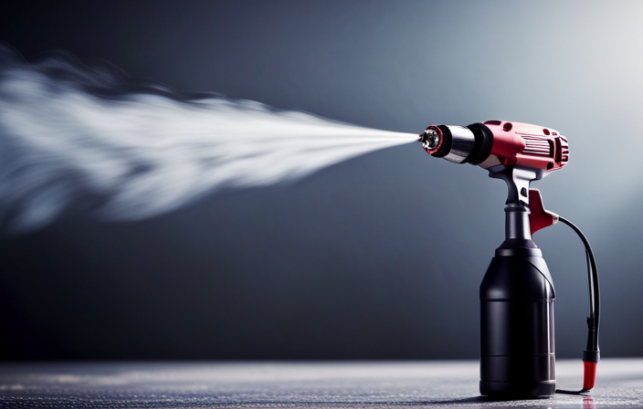 An image showcasing an airless paint sprayer: a high-pressure pump connected to a hose, leading to a handheld nozzle releasing a fine mist of paint onto a smooth surface, resulting in a flawless and efficient coat