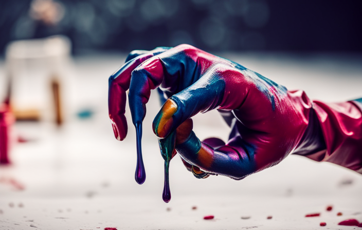 An image featuring a close-up view of a hand, covered in vibrant colors and dripping paint, after being shot by an airless paint sprayer