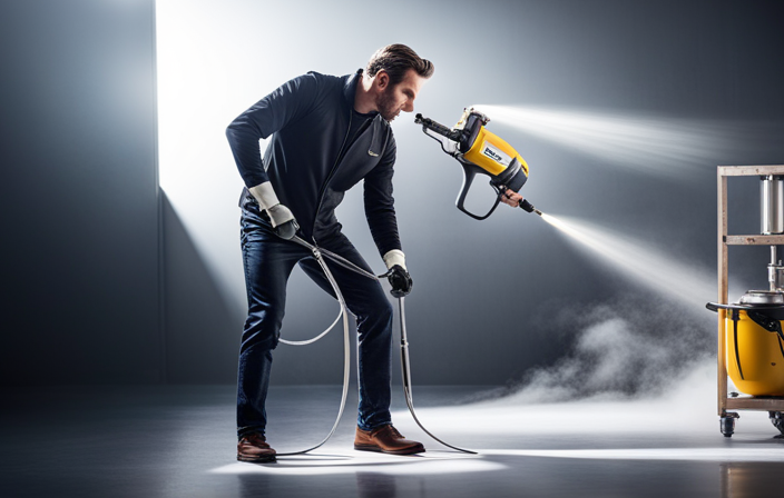 An image that showcases the sleek and powerful Wagner W500 Power Paint Airless Paint Sprayer in action, with its high-pressure nozzle effortlessly spraying a flawless coat of paint onto a large surface, highlighting its exceptional performance and value
