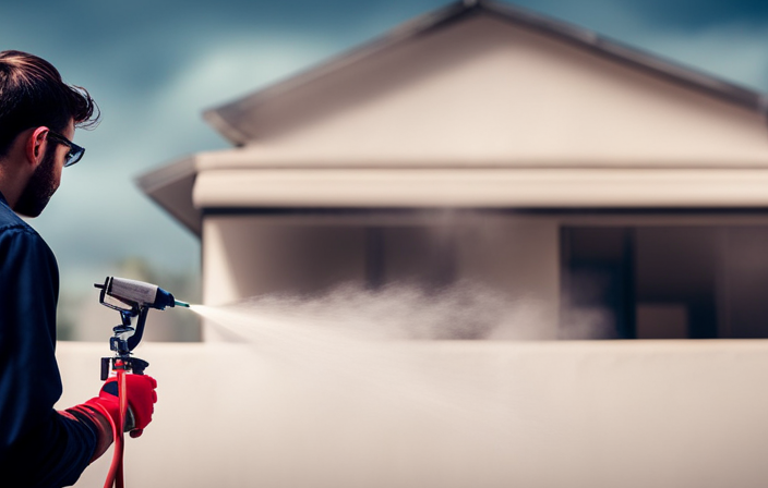 An image capturing the precise moment a skilled painter effortlessly sprays a house with an airless paint sprayer