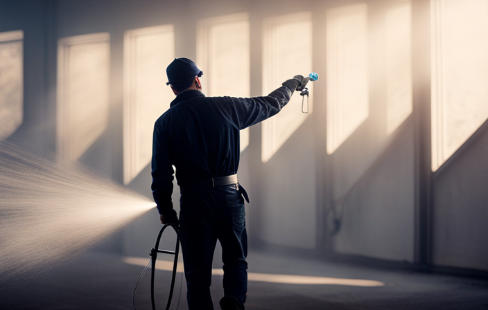 An image capturing the precise moment a skilled painter effortlessly sprays a house with an airless paint sprayer
