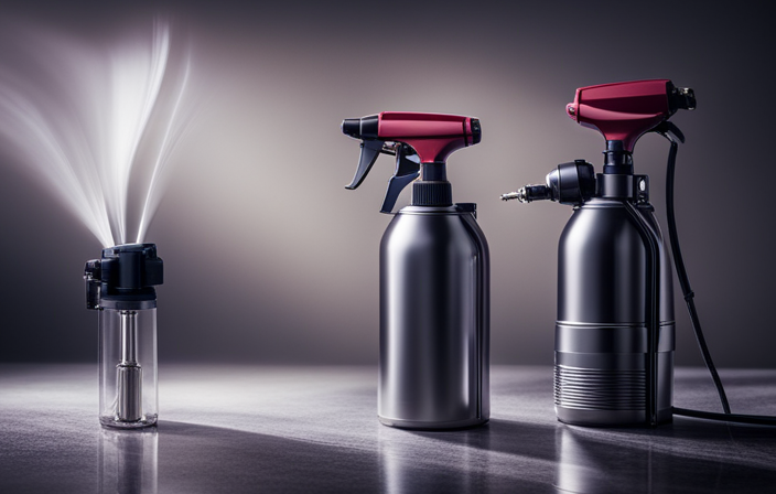 An image showcasing two paint sprayers side by side - on the left, a sleek airless sprayer with a high-pressure nozzle, and on the right, a traditional sprayer with a compressed air source and adjustable nozzle