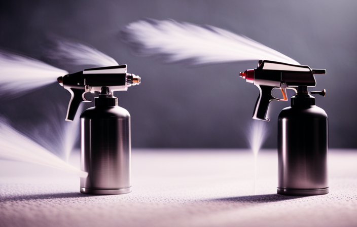 An image showcasing two paint sprayers side by side - one airless paint sprayer with a powerful nozzle ejecting a fine mist of paint, and another paint sprayer with an air compressor releasing bursts of paint particles