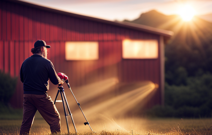 An image showcasing a sturdy red barn, bathed in golden sunlight, with a skilled painter effortlessly using a high-powered airless paint sprayer to coat the wooden exterior in a smooth, even layer of rich, vibrant paint