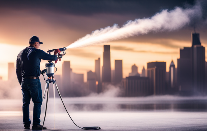 An image showcasing a professional-grade airless paint sprayer in action, effortlessly coating a large surface with a fine mist of paint