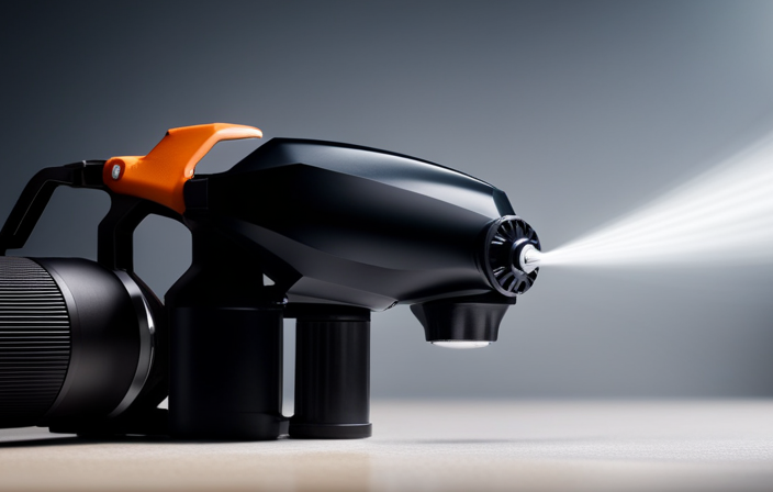 An image showcasing a Krause and Becker airless paint sprayer, highlighting the enigmatic black cup