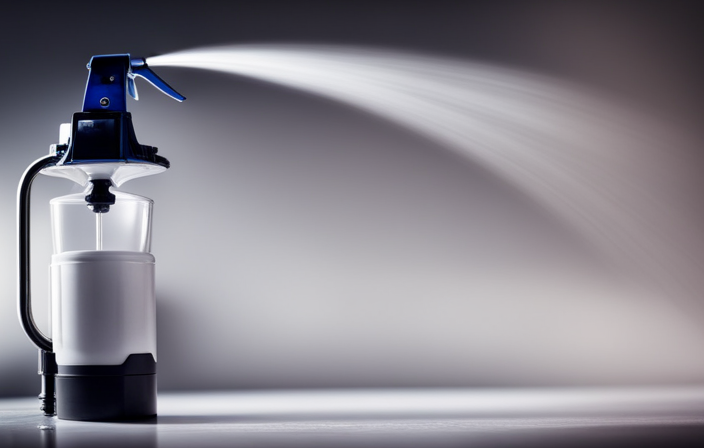 An image showcasing an airless paint sprayer, with a close-up of the cup attached to the sprayer