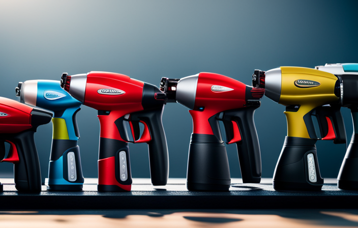 An image capturing a diverse array of airless paint sprayers lined up side-by-side, showcasing their sleek designs and vibrant colors