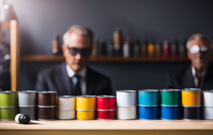 An image showcasing a variety of paint cans, including latex, acrylic, enamel, and oil-based paints, neatly arranged beside an airless paint sprayer