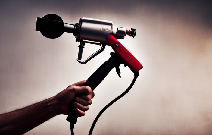 An image depicting a person holding an airless paint sprayer with a long hose, effortlessly reaching high areas