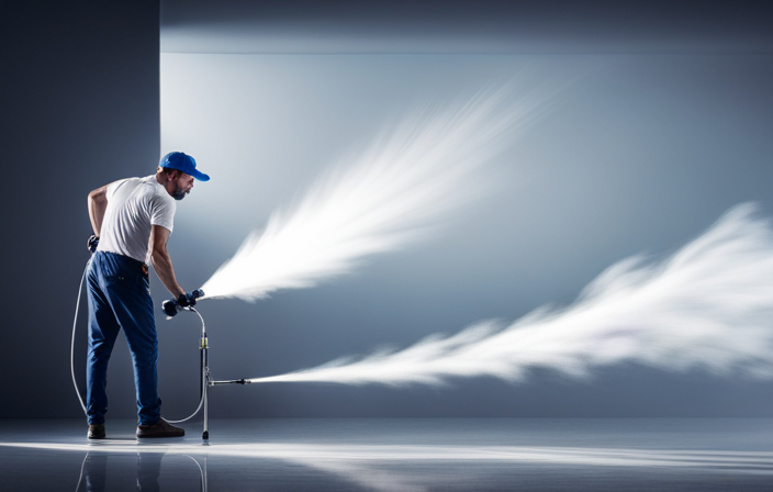 An image showcasing a close-up of a Graco airless paint sprayer in action, with vibrant, smooth paint being sprayed onto a textured wall