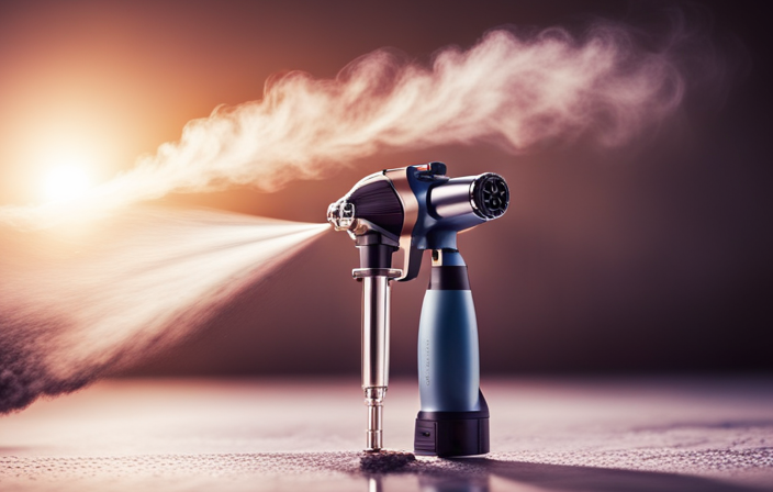 An image of a handheld airless paint sprayer, emitting a fine mist of paint particles, with a pressure gauge clearly visible, indicating the precise pressure setting