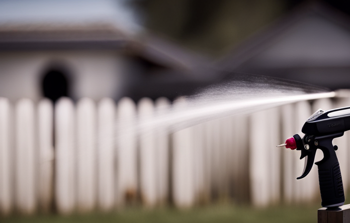 An image capturing the precise moment of an airless sprayer smoothly gliding over a weather-worn wooden fence, effortlessly leaving behind a flawless coat of vibrant paint, displaying the artistry of efficient paint application