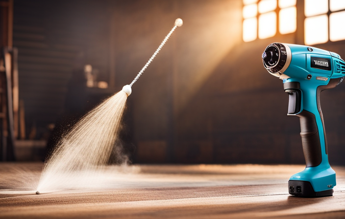 An image showcasing a close-up view of the TrueCoat® Pro II Electric Handheld Airless Paint Sprayer nozzle, expertly spraying a rich, even coat of stain onto a wooden surface