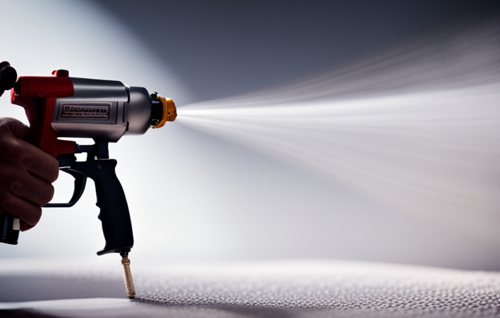An image showcasing a close-up of a hand effortlessly maneuvering a Krause and Becker airless paint sprayer, smoothly coating a wall with a fine mist of paint, while showcasing the sprayer's adjustable pressure and ergonomic design