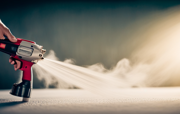 An image showcasing a skilled hand effortlessly maneuvering a Krause and Becker Airless Paint Sprayer, flawlessly coating a surface with precision and ease
