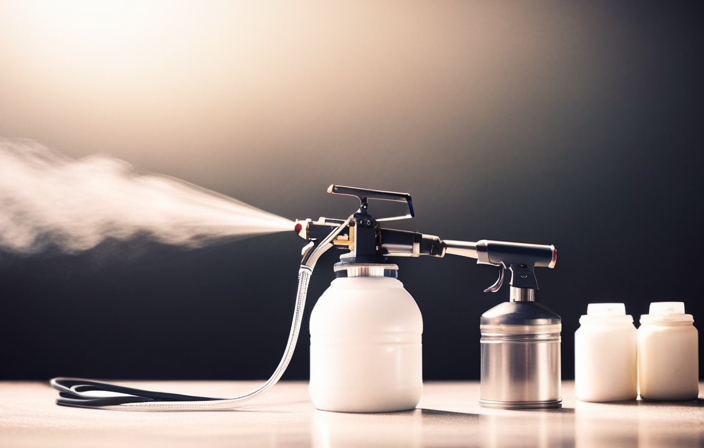 An image showcasing an airless paint sprayer, with a variety of paint containers nearby