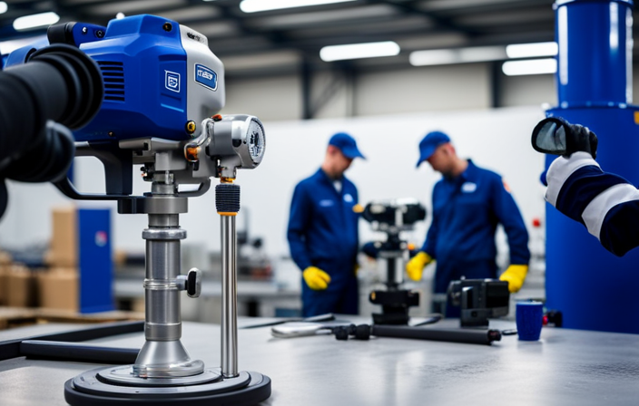 An image of a Graco Magnum LTS 17 3000-PSI electric stationary airless paint sprayer proudly standing in a manufacturing facility, surrounded by a team of diligent workers, each focused on assembling different parts with precision and expertise