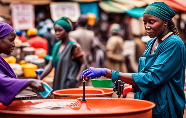 An image showcasing a bustling Kenyan marketplace, with vendors displaying an array of airless paint sprayers