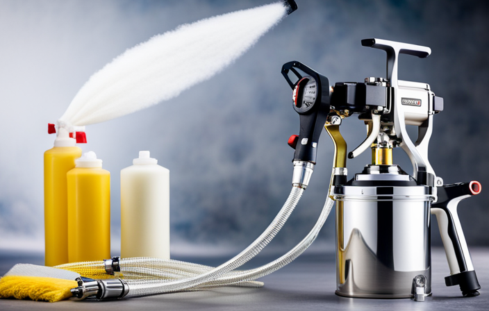 An image showcasing a close-up of an Ultra 600 Airless Paint Sprayer, with its components neatly arranged beside it