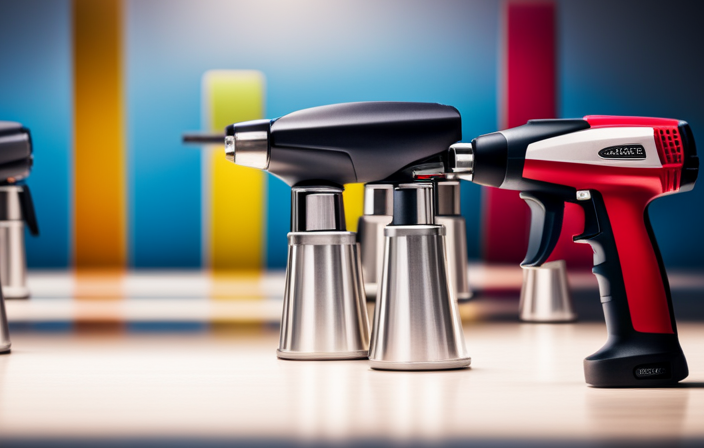 An image showcasing a wide range of airless paint sprayers aligned in a row, each adorned with vibrant colors and varying nozzle sizes, highlighting their durability and ergonomic designs