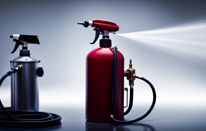 An image showcasing two paint sprayers side by side; one traditional air sprayer with a hose connected to an air compressor, the other a sleek airless sprayer with an integrated paint container
