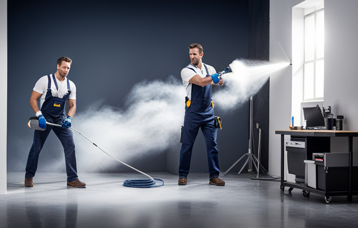 An image showcasing the Homeright Power-Flo Pro 2800 Airless Paint Sprayer in action, capturing its sleek design and powerful spraying capabilities