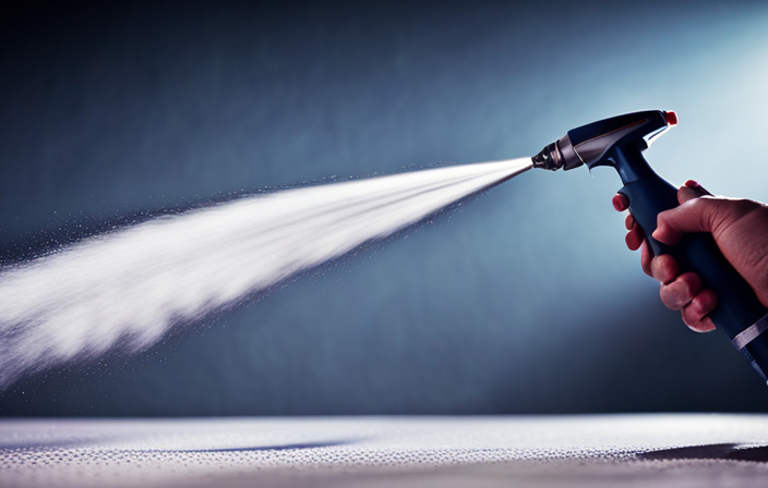 An image showcasing an airless paint sprayer struggling to spray a smooth coat by capturing the nozzle emitting splatters of paint, unevenly coating a surface due to clogged or damaged spray tips