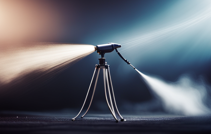 An image capturing the precise moment an airless sprayer releases a fine mist of paint particles, showcasing the smooth, even finish it achieves effortlessly