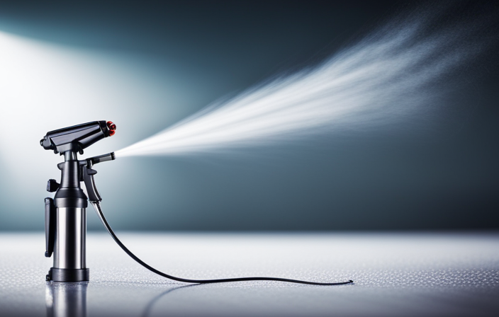 An image that showcases an airless paint sprayer in action, with its nozzle pointed towards a surface