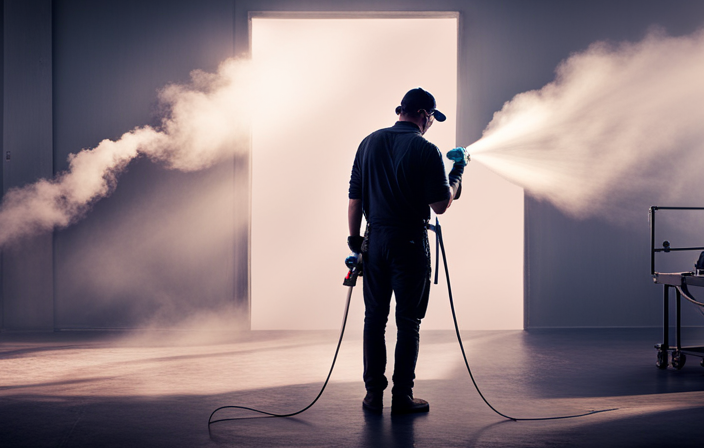 An image showcasing a painter effortlessly spraying a wall with an airless paint sprayer indoors
