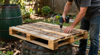 Man Uses Old Wood Pallets To Build A Backyard Rain Barrel Stand With An Impressive DIY