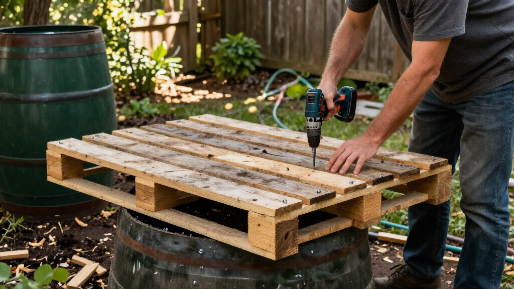 Man Uses Old Wood Pallets To Build A Backyard Rain Barrel Stand With An Impressive DIY